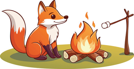 Fox Roasting Marshmallows by a Cozy Campfire