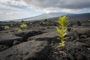 Resilient Green Plant Emerging from Black Volcanic Rock Lava Field