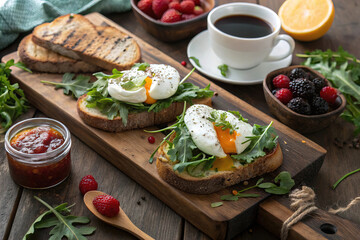 Rustic Brunch Flatlay: Poached Eggs on Sourdough Toast with Arugula