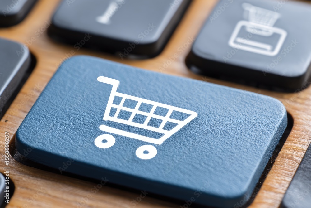 Fototapete Close-up of a computer keyboard key featuring a shopping cart icon. The key is dark blue with a white shopping cart graphic.  Wooden keyboard background