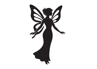 fairy wings logo silhouette vector, fairy with wings logo icon silhouette, black silhouette of a butterfly woman, magical fairy with wings magical fantasy silhouette logo vector on a white background.