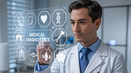 Doctor using futuristic medical diagnostics interface: A focused male doctor interacts with a transparent digital interface displaying various medical diagnostic symbols and data.