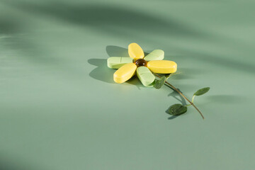 Flower shaped tablets and pills on green background.