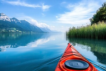 A canoe drifts across the glassy surface of a lake against the backdrop of distant mountains and a picturesque landscape
