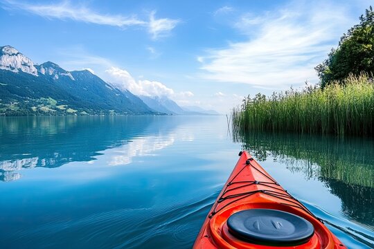 A canoe drifts across the glassy surface of a lake against the backdrop of distant mountains and a picturesque landscape - Powered by Adobe