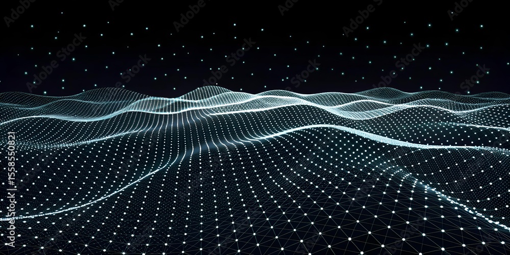 Poster wavy grid surface with glowing dots and a dark background presents a modern tech aesthetic perfect f