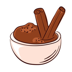 Bowl filled with cinnamon powder and stick in flat style isolated on white background. Perfect for spice, herb, cooking and recipe book design.