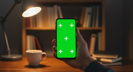 Smartphone with Green Screen Held Over Desk with Lamp and Coffee Cup at Night