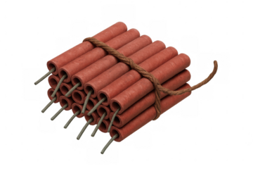 Firecrackers tied with brown string creating a dangerous explosive device, isolated on transparent background