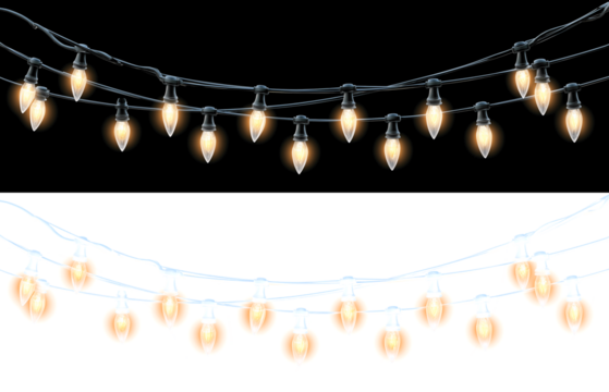 Vector Christmas lights on a transparent background. Christmas light PNG. Set of Christmas glowing garlands. For advertising invitations, web banners, postcards. Vector. Christmas decoration, LED lam