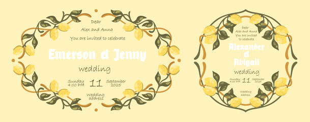 Mediterranean Wedding invitation templates with lemons. Art Nouveau style. Vector.