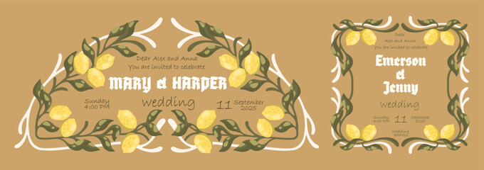 Mediterranean Wedding invitation templates with lemons. Art Nouveau style. Vector.