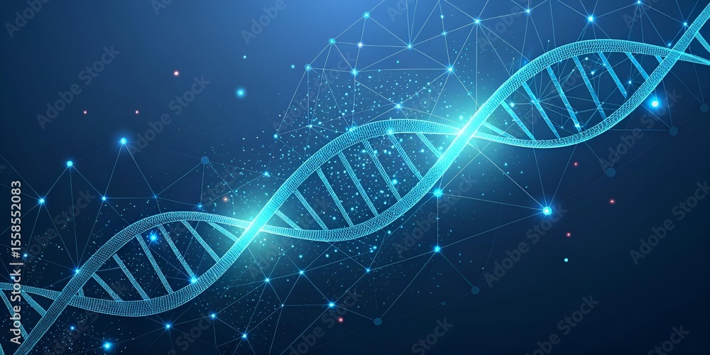 Poster helix structure representing the dna chain in glowing blue on a network and dark blue background for