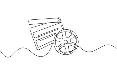 Continuous line drawing of retro old classic movie board clapper and film reel, Movie scene episode production concept. Vector illustration isolated on white.
