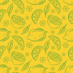 Line art style seamless pattern with lemon, flower and leaf on yellow background. Citrus print for kitchen wallpaper in hand drawn style for summer design.
