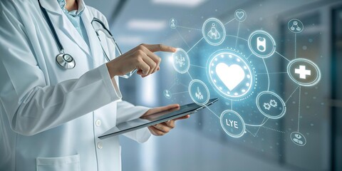 Doctor uses digital tablet in a hospital hallway showing health and diagnostic icons floating around a heart symbol suggesting wellness.