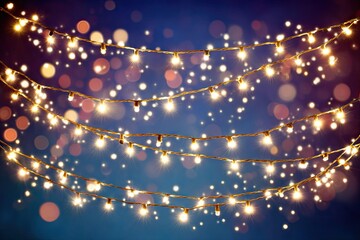 Warm, glowing string lights against a dark, vibrant blue background dotted with bokeh