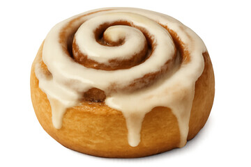 Fototapeta premium Sweet cinnamon roll dripping with creamy white icing, glazed surface glistening against transparent backdrop