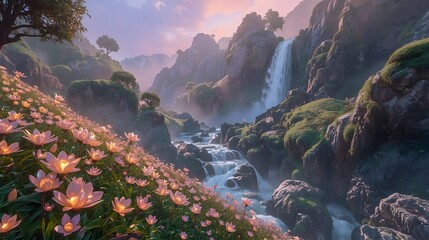 Colorful Fantasy Valley with Waterfalls