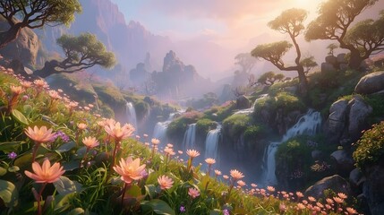 Colorful Fantasy Valley with Waterfalls