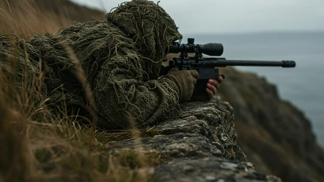 Aiming Sniper Lying Down on Rocky Cliff by the Sea