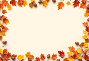 Rustic autumn border of leaves & acorns surrounding empty space on beige, october, red
