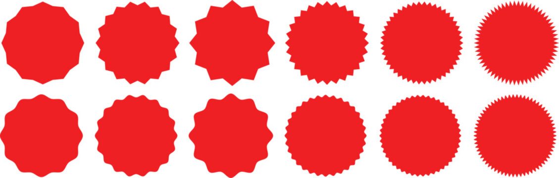 Red Starburst Price Tag & Sale Sticker Icon Set – Promotional Labels, Discount Badges, Special Offer Tags, Retro Wavy Edge Price Icons, Circular Deal Stickers, Quality Guarantee Marks for Retail Sales