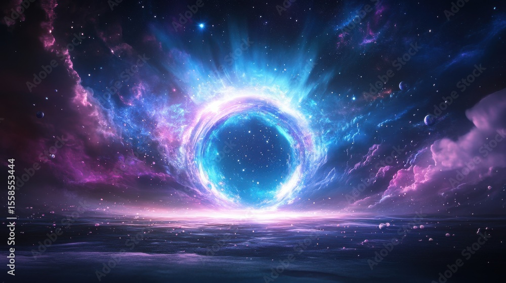 Poster glowing swirling circular portal in outer space