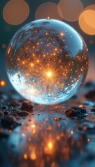 Glass sphere containing galaxy image on rocks at night