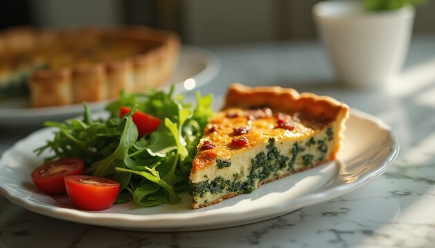 Slice of spinach and cheese quiche with fresh salad indoors