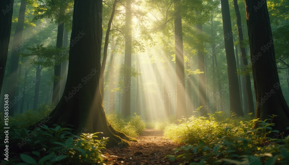Aufkleber sunbeams streaming through trees along a serene forest path
