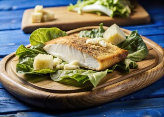 Crunchy lettuce leaves with juicy fish fillet and croutons on a rustic wooden plate