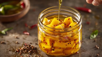 A jar of mango pickle filled with bright yellow pieces. Spicy oil, tangy condiment. Indian cuisine with exotic flavors