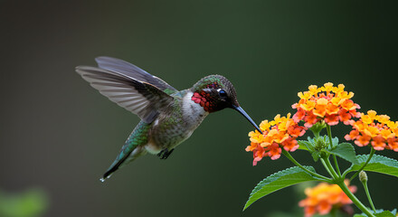 Fototapeta premium Hummingbird with vibrant red throat hovers near orange lantana flowers, feeding on nectar.