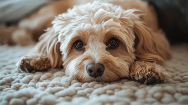 Cavapoo dog lying peacefully on knitted blanket indoors