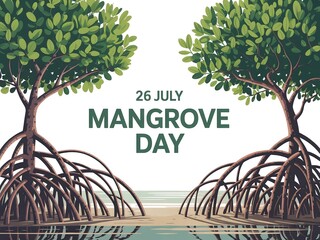 Illustration of mangrove trees with exposed roots and mangrove day text overlayed
