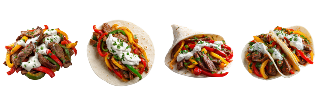 Set of Delicious beef fajitas with colorful peppers and creamy sour cream isolated on a transparent background - Powered by Adobe
