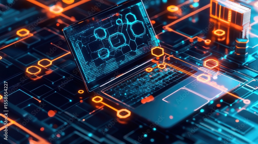 Aufkleber Futuristic laptop displaying digital data in abstract environment