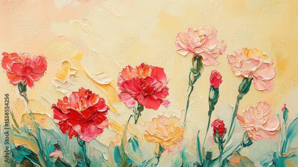 Poster vibrant indoor display of colorful carnations in various blooms