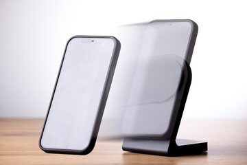 Studio shot of a modern smartphone being lifted from a sleek wireless magnetic charger, with motion blur effect to illustrate movement and technology in action.