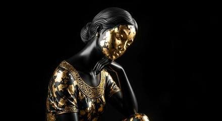Elegant sculpture of a serene woman with golden accents in a contemplative pose against a dark background, showcasing artistry and beauty in design.