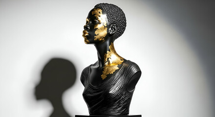 Elegant black and gold bust sculpture of a woman showcasing beauty and artistic craftsmanship with intricate detailing and striking contrast against a backdrop