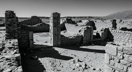 Abandoned Stone Structures in Arid Landscape, Black and White Photography Capturing the Beauty of Desert Ruins and Timelessness in Nature