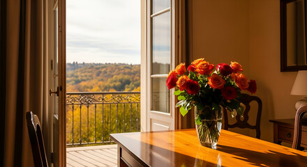 Cozy indoor scene with colorful roses in a vase on the table overlooking a scenic autumn view through an open window