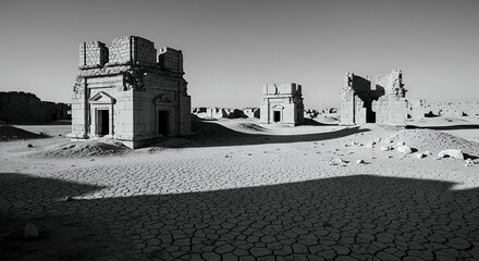 Abandoned ancient ruins in a desolate landscape showcasing cracked ground and shadowy structures under a clear sky in black and white photography