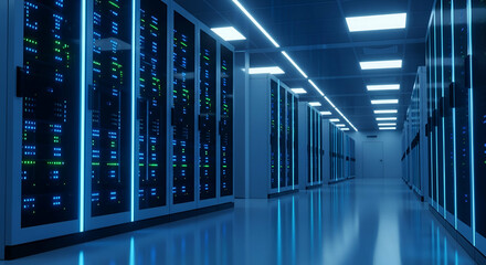 Futuristic Data Center Corridor with Rows of Servers and Neon Lights in High-Tech Environment for Digital Infrastructure and Technology Concepts