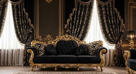 Luxurious black sofa with ornate gold accents in elegantly designed room featuring rich drapery, decorative pillows, and soft ambient lighting