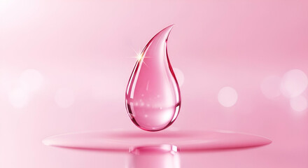 Glimmering Pink Water Drop on Soft Pink Background with Gentle Light Reflections for Beauty and Wellness Concepts in Stock Photography