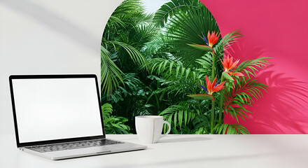 Lush Tropical Plants Backdrop Featuring Modern Workspace with Laptop and Coffee Cup in Bright Colors and Natural Settings