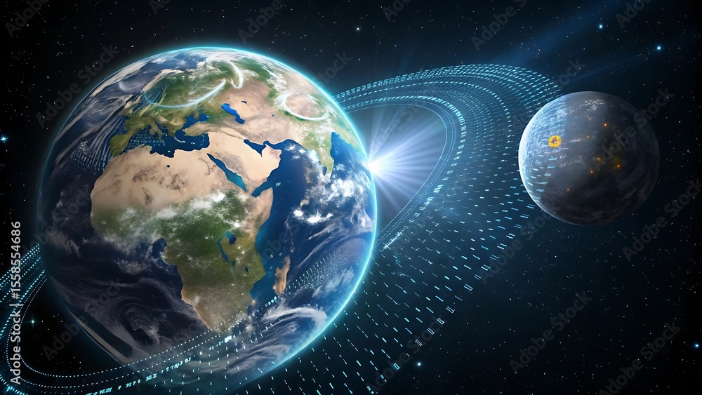 Poster earth and moon with digital rings in space showing continents and ocean views from orbit - ai genera